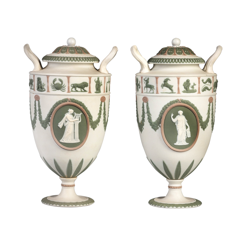 Wedgwood Antique English Jasperware Two-Handled Vases Available Wedgwood Antique English Jasperware Two-Handled Vases Available